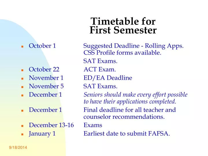 timetable for first semester