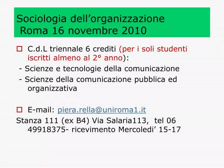 sociologia dell organizzazione roma 16 novembre 2010