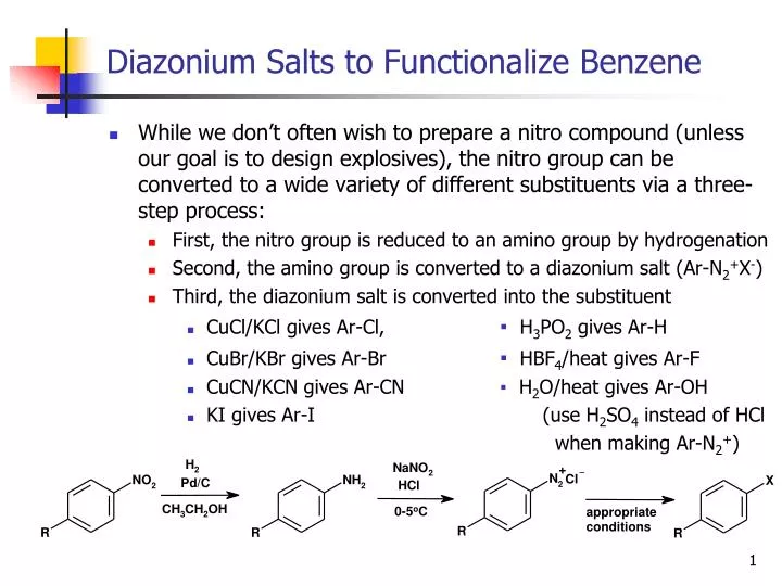 diazonium salts to functionalize benzene