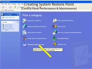 Creating System Restore Point (Control Panel Performance &amp; Maintenance)
