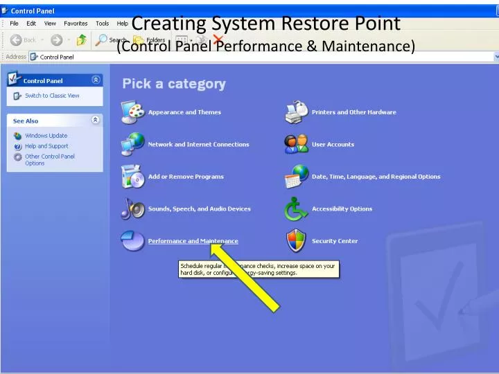 creating system restore point control panel performance maintenance