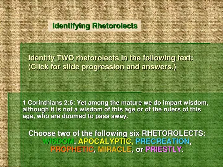 identify two rhetorolects in the following text click for slide progression and answers
