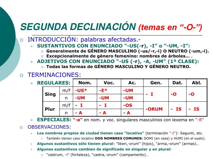 segunda declinaci n temas en o