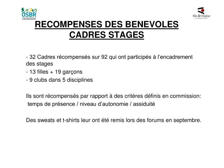 recompenses des benevoles cadres stages