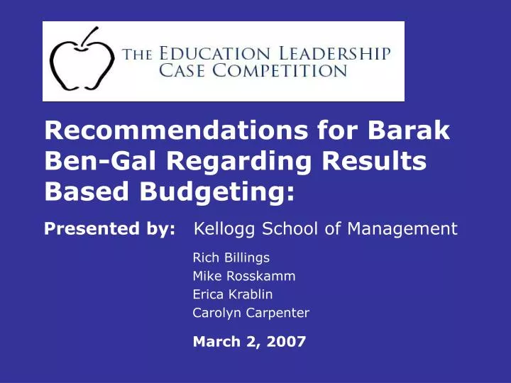 recommendations for barak ben gal regarding results based budgeting
