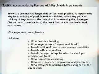 Toolkit: Accommodating Persons with Psychiatric Impairments