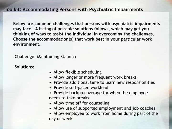 toolkit accommodating persons with psychiatric impairments
