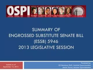 SUMMARY OF ENGROSSED SUBSTITUTE SENATE BILL (ESSB) 5946 2013 LEGISLATIVE SESSION