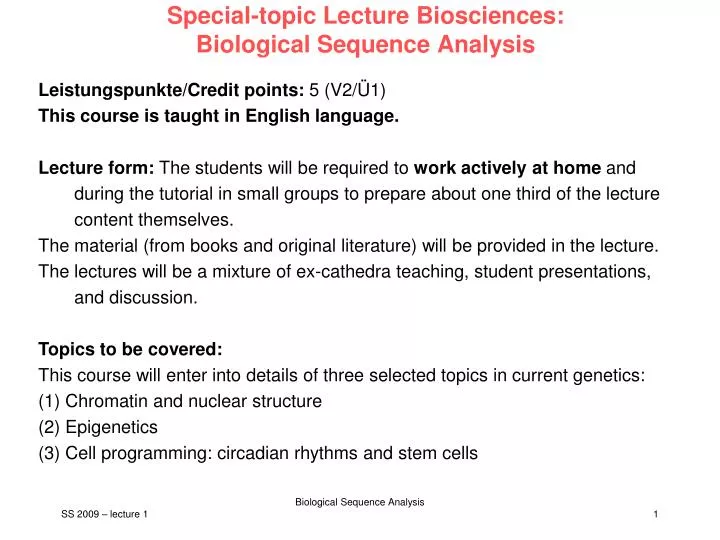 special topic lecture biosciences biological sequence analysis