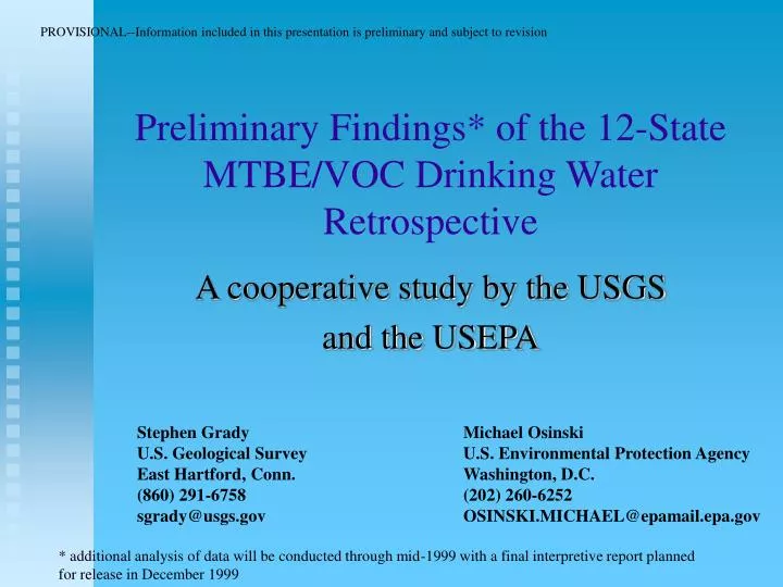 preliminary findings of the 12 state mtbe voc drinking water retrospective
