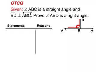 OTCQ Given: ? ABC is a straight angle and BD ABC. Prove ? ABD is a right angle.