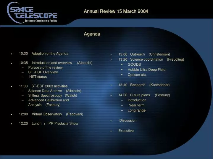 annual review 15 march 2004 agenda
