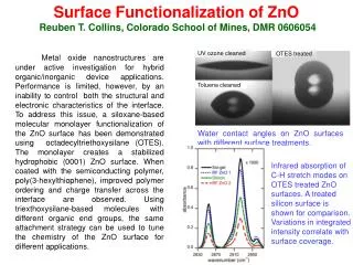 Surface Functionalization of ZnO Reuben T. Collins, Colorado School of Mines, DMR 0606054