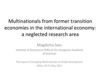 Magdolna Sass Institute of Economics CERS of the Hungarian Academy of Sciences