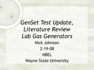 GenSet Test Update, Literature Review	 Lab Gas Generators