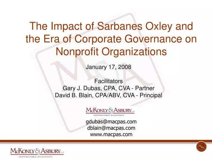 the impact of sarbanes oxley and the era of corporate governance on nonprofit organizations