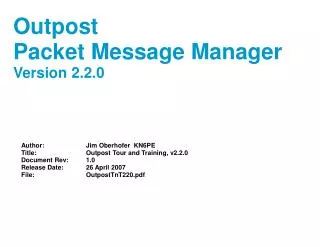Author:		Jim Oberhofer KN6PE Title:		Outpost Tour and Training, v2.2.0 Document Rev:	1.0