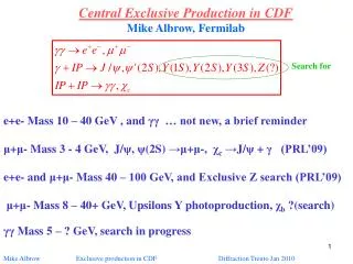 Central Exclusive Production in CDF Mike Albrow, Fermilab
