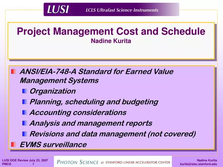 project management cost and schedule nadine kurita