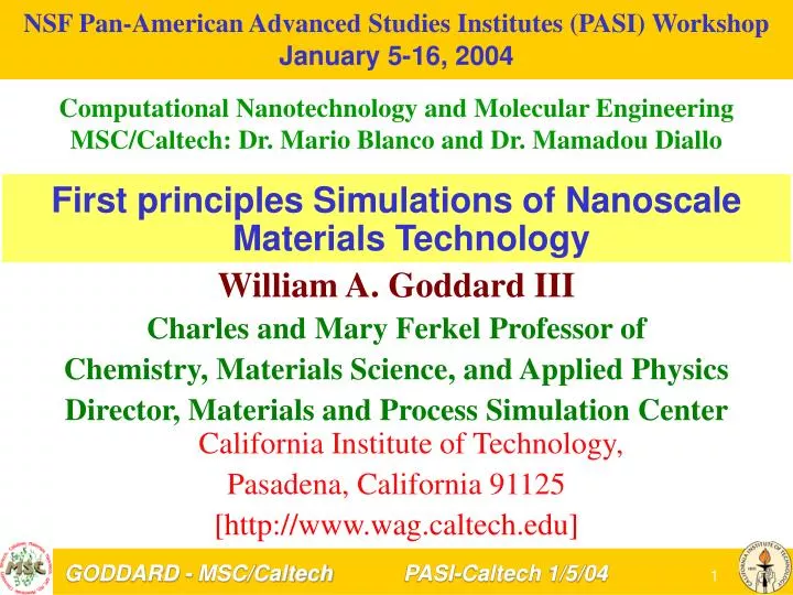 nsf pan american advanced studies institutes pasi workshop january 5 16 2004