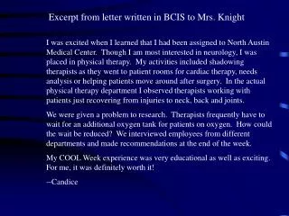 Excerpt from letter written in BCIS to Mrs. Knight