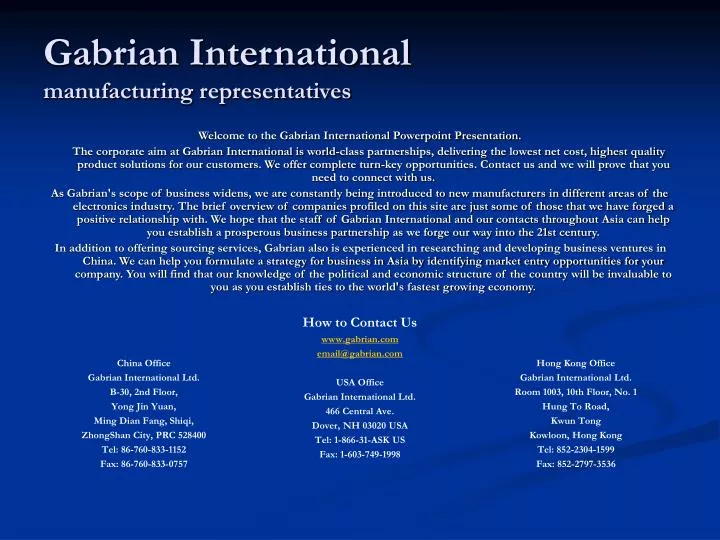 gabrian international manufacturing representatives