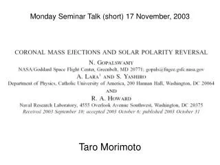 Monday Seminar Talk (short) 17 November, 2003