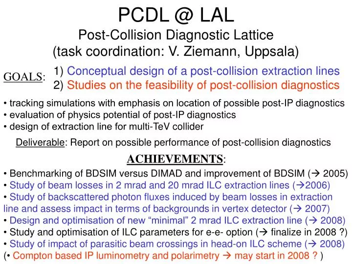 pcdl @ lal post collision diagnostic lattice task coordination v ziemann uppsala