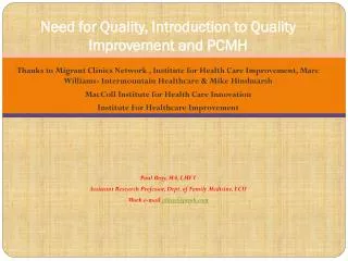 Need for Quality, Introduction to Quality Improvement and PCMH