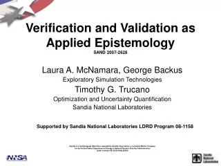 Verification and Validation as Applied Epistemology SAND 2007-2628