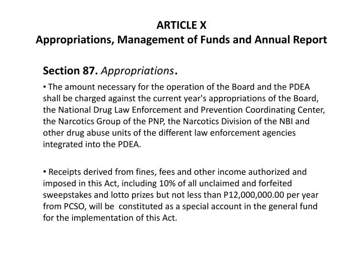 article x appropriations management of funds and annual report