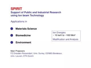 SPIRIT Support of Public and Industrial Research using Ion beam Technology Applications in