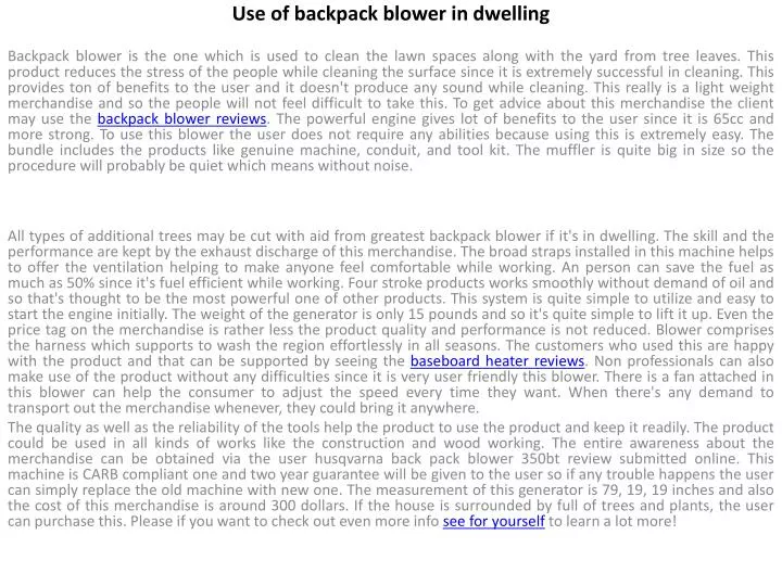 use of backpack blower in dwelling