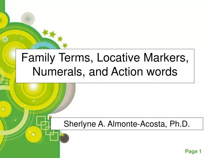 family terms locative markers numerals and action words