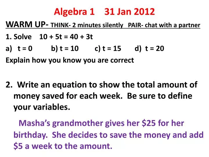 algebra 1 31 jan 2012