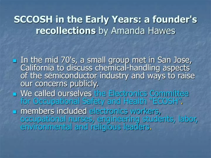 sccosh in the early years a founder s recollections by amanda hawes