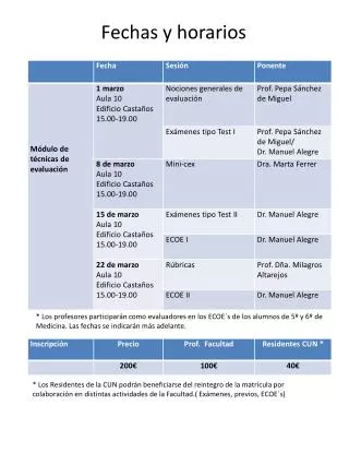fechas y horarios