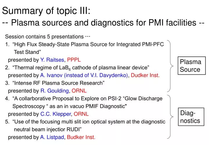 summary of topic iii plasma sources and diagnostics for pmi facilities
