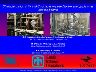 Characterization of W and C surfaces exposed to low energy plasmas and ion beams