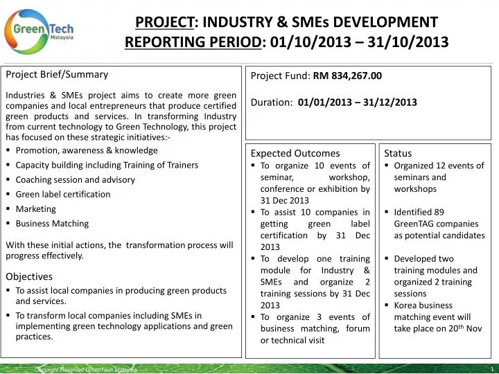 project industry smes development reporting period 01 10 2013 31 10 2013