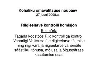 kohaliku omavalitsuse n up ev 27 juuni 2008 a