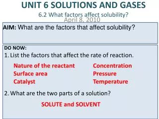 UNIT 6 SOLUTIONS AND GASES 6.2 What factors affect solubility?