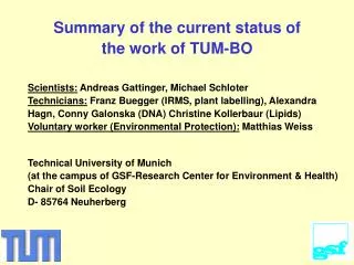 Summary of the current status of the work of TUM-BO