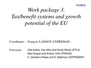 Work package 3. Tax/benefit systems and growth potential of the EU