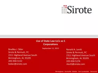 Use of State Law LLCs as S Corporations September 11, 2013