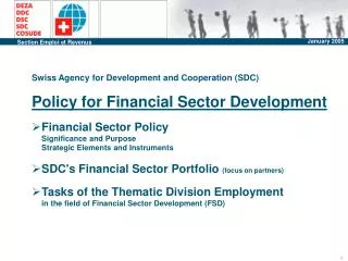 Swiss Agency for Development and Cooperation (SDC) Policy for Financial Sector Development