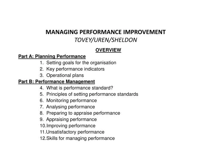 managing performance improvement tovey uren sheldon