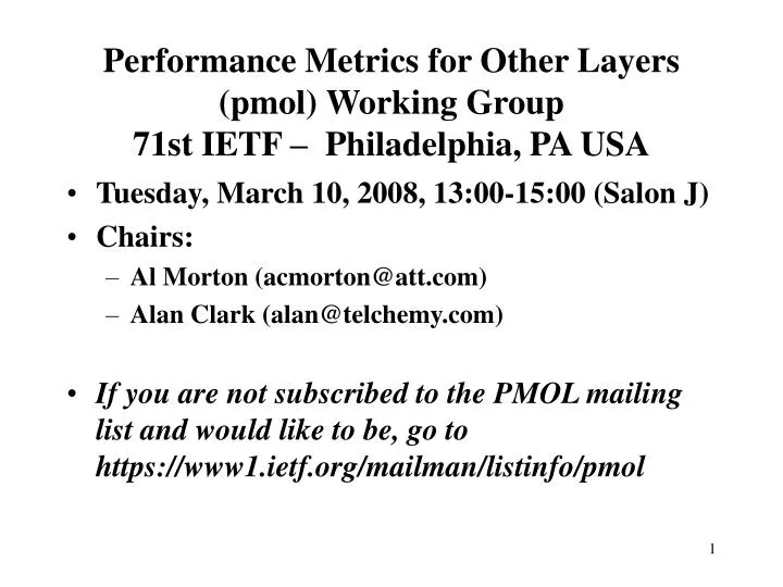 performance metrics for other layers pmol working group 71st ietf philadelphia pa usa