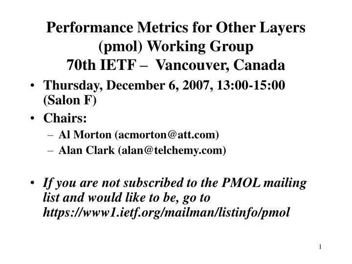 performance metrics for other layers pmol working group 70th ietf vancouver canada