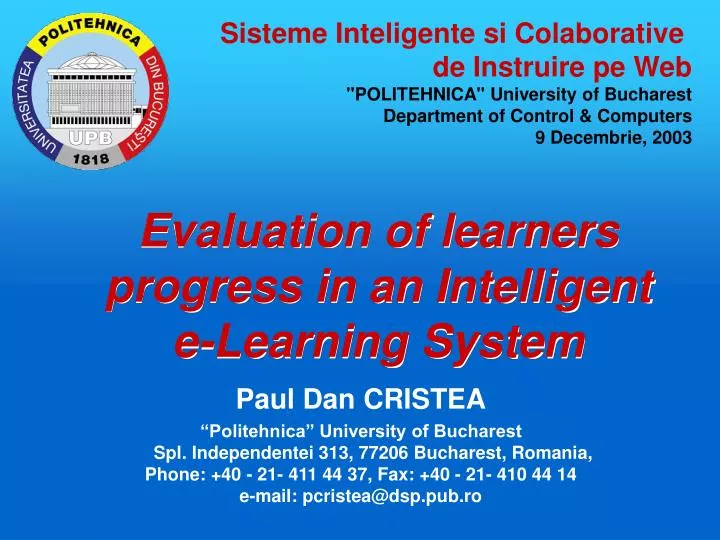 evaluation of learners progress in an intelligent e learning system